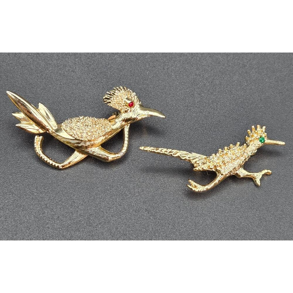 Vintage-Road Runner Bird Rhinestone Gold Tone-Pin Brooch-Set of 2